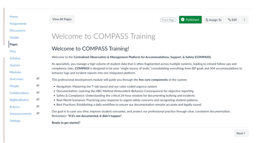 Canvas course homepage for COMPASS Training with welcome text and navigation links.